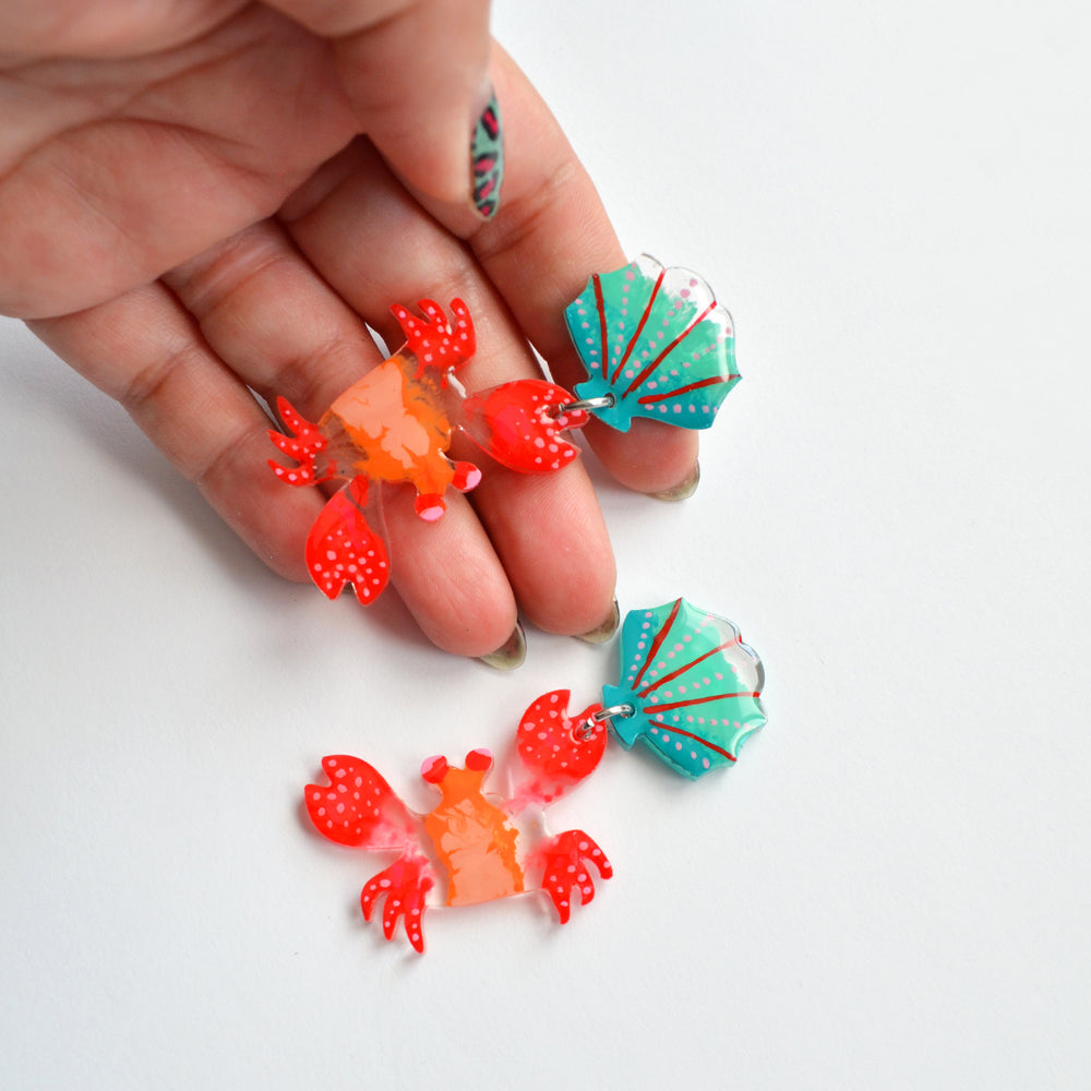 Red Crab and Sea Shell Acrylic Statement Earrings