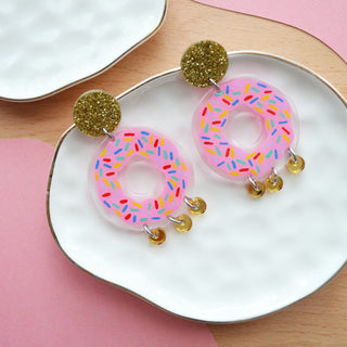 Pink and Gold Donut Earrings with Sprinkles, Laser Cut Acrylic Jewelry