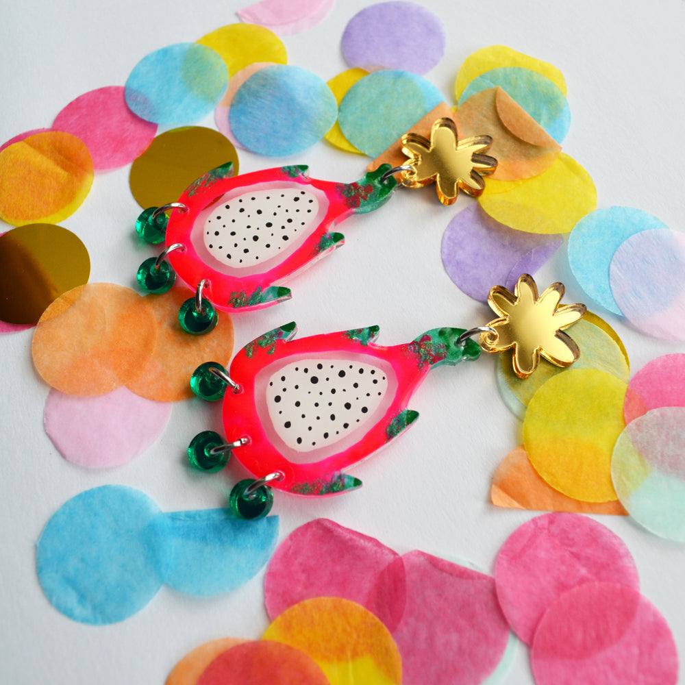 Neon Pink Dragon Fruit Earrings