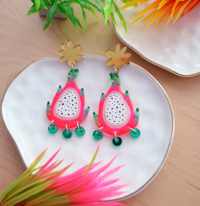 Neon Pink Dragon Fruit Earrings