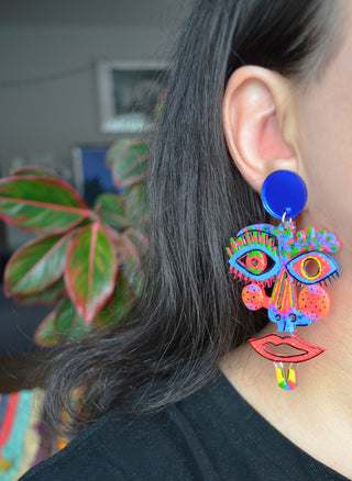 Electric Blue and Hot Pink Laser Cut Face Earrings