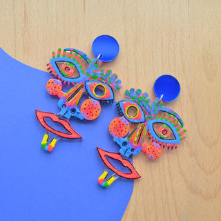 Electric Blue and Hot Pink Laser Cut Face Earrings