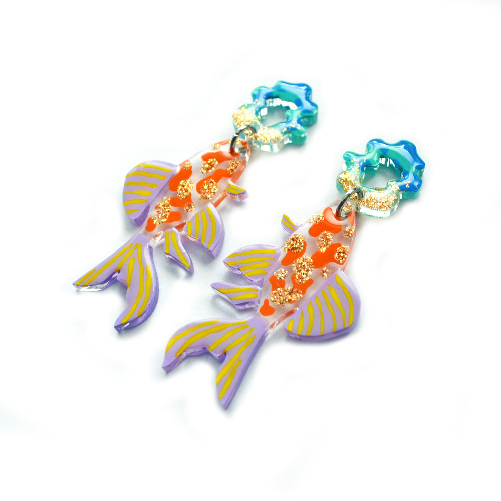 Orange and Gold Glitter Fish Earrings