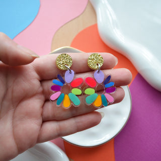 Neon Colorful Rainbow Resin Flower Dangle Earrings