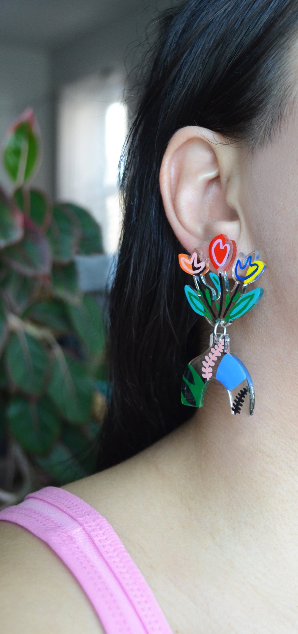 Abstract Art Vase Earrings with Colorful Tulips