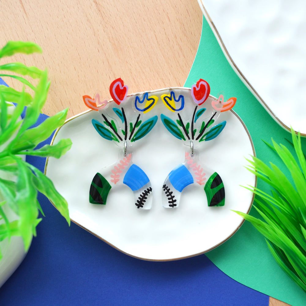 Abstract Art Vase Earrings with Colorful Tulips