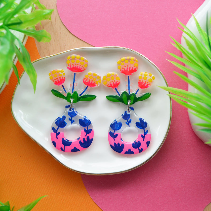 Neon Pink Flower Earrings in Botanical Patterned Vases