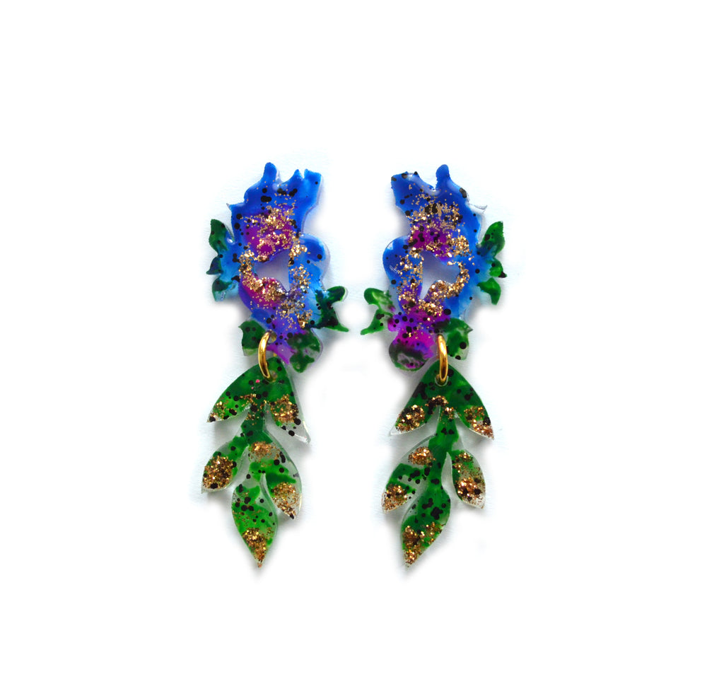 Blue and Green Floral Resin Drop Earrings