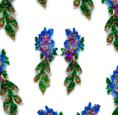 Blue and Green Floral Resin Drop Earrings