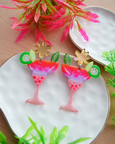 Neon Pink Margarita Cocktail Earrings with Lime
