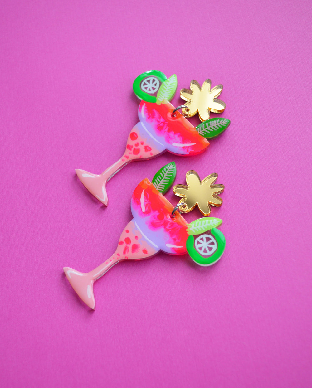 Neon Pink Margarita Cocktail Earrings with Lime