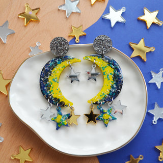 Crescent Moon Celestial Metallic Star Resin Earrings