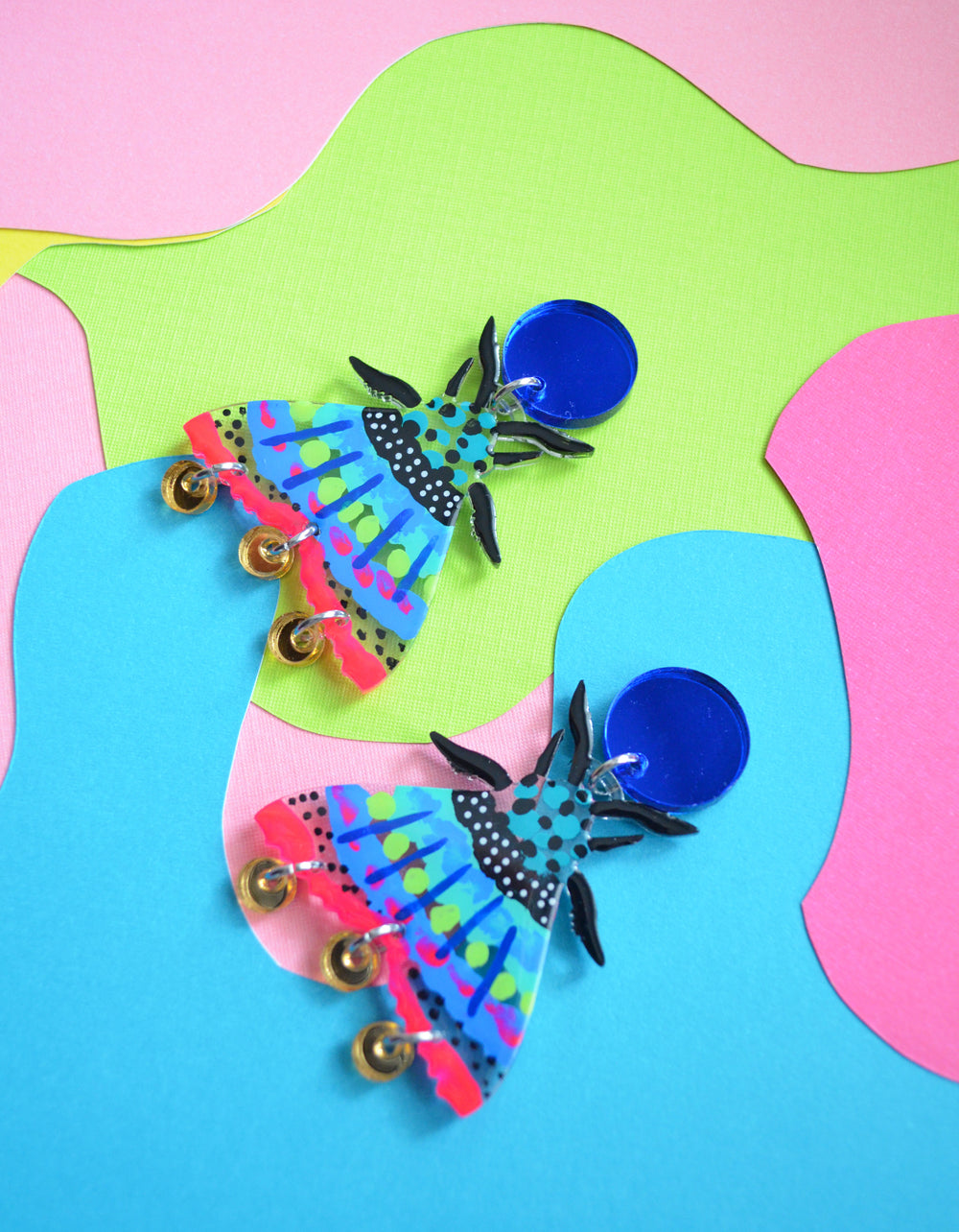 Moth Laser Cut Acrylic Earrings in Blue and Pink