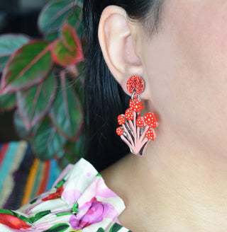 Red Polka Dot Mushroom Dangle Earrings, Laser Cut Resin Jewelry