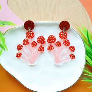 Red Polka Dot Mushroom Dangle Earrings, Laser Cut Resin Jewelry