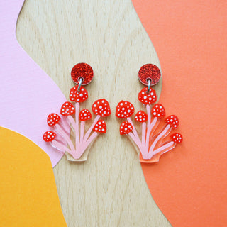 Red Polka Dot Mushroom Dangle Earrings, Laser Cut Resin Jewelry