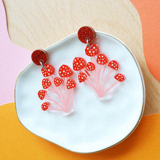 Red Polka Dot Mushroom Dangle Earrings, Laser Cut Resin Jewelry