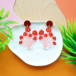 Red Polka Dot Mushroom Dangle Earrings, Laser Cut Resin Jewelry