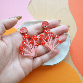 Red Polka Dot Mushroom Dangle Earrings, Laser Cut Resin Jewelry