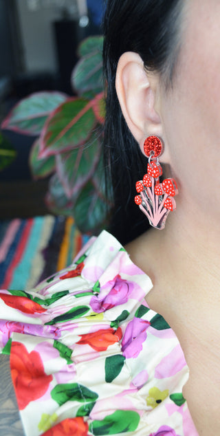 Red Polka Dot Mushroom Dangle Earrings, Laser Cut Resin Jewelry