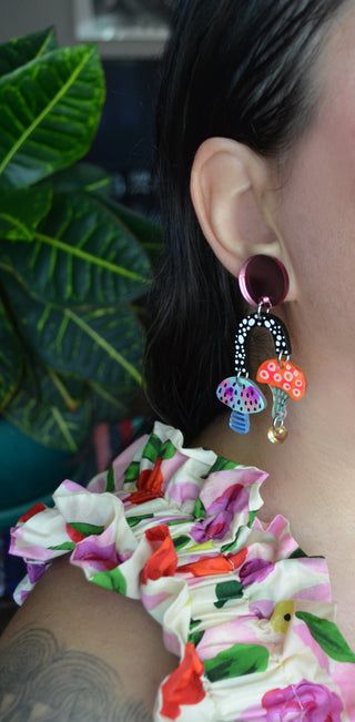 Pink Blue and Orange Funky Dot Mushroom Earrings