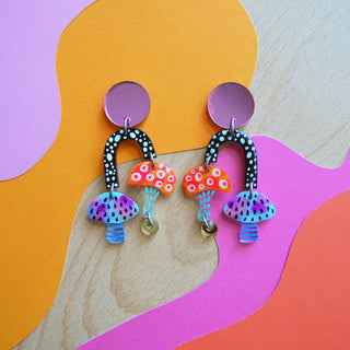 Pink Blue and Orange Funky Dot Mushroom Earrings