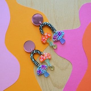 Pink Blue and Orange Funky Dot Mushroom Earrings