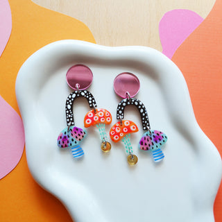 Pink Blue and Orange Funky Dot Mushroom Earrings