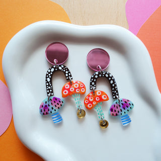 Pink Blue and Orange Funky Dot Mushroom Earrings