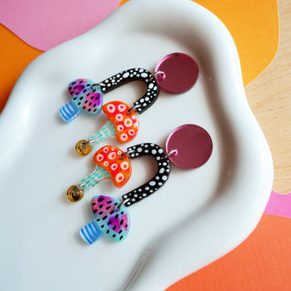 Pink Blue and Orange Funky Dot Mushroom Earrings