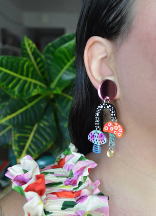 Pink Blue and Orange Funky Dot Mushroom Earrings