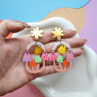 Pastel Mushroom Dangle Earrings, Laser Cut Resin Jewelry