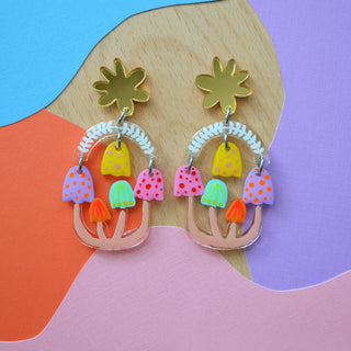 Pastel Mushroom Dangle Earrings, Laser Cut Resin Jewelry