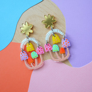 Pastel Mushroom Dangle Earrings, Laser Cut Resin Jewelry