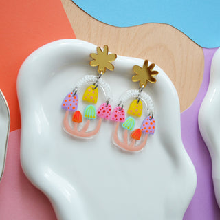 Pastel Mushroom Dangle Earrings, Laser Cut Resin Jewelry