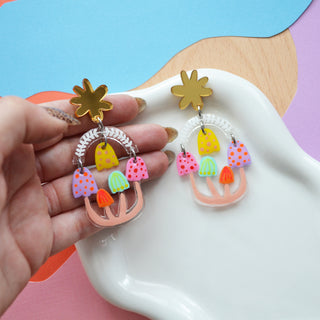 Pastel Mushroom Dangle Earrings, Laser Cut Resin Jewelry