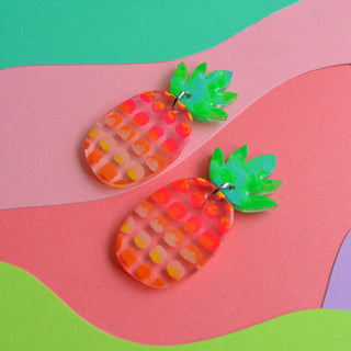 Pink and Green Abstract Pineapple Resin Earrings