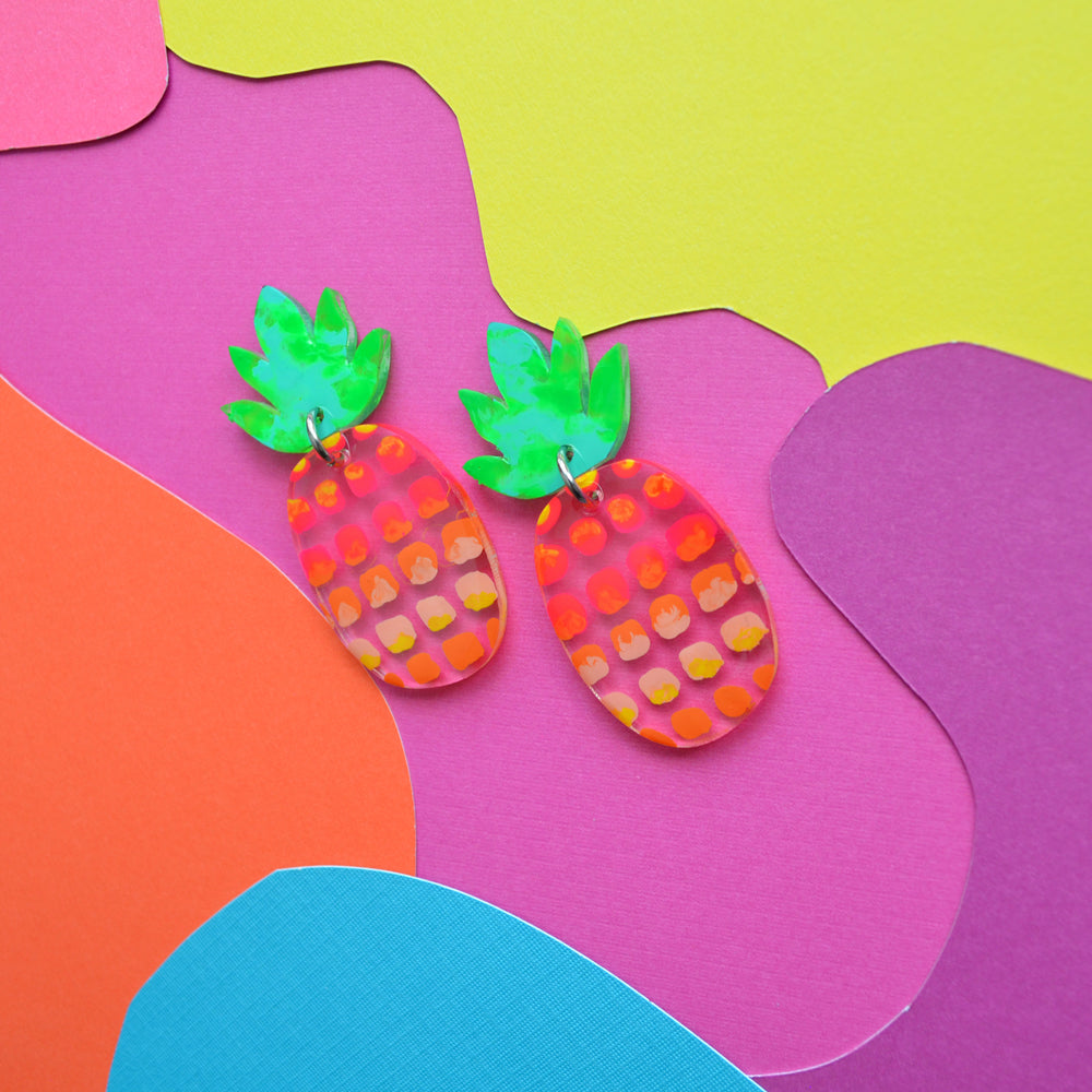 Pink and Green Abstract Pineapple Resin Earrings