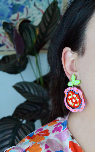 Laser Cut Pink and Red Margarita Pizza Earrings with Mozzarella and Basil