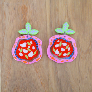 Laser Cut Pink and Red Margarita Pizza Earrings with Mozzarella and Basil