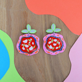 Laser Cut Pink and Red Margarita Pizza Earrings with Mozzarella and Basil