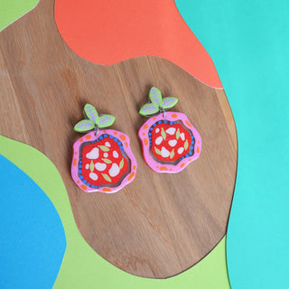 Laser Cut Pink and Red Margarita Pizza Earrings with Mozzarella and Basil