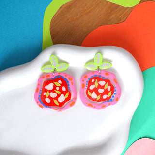 Laser Cut Pink and Red Margarita Pizza Earrings with Mozzarella and Basil