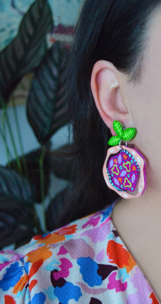 Laser Cut Acrylic Magenta Pizza Earrings with Peppers, Mushrooms and Onions