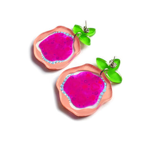Laser Cut Acrylic Magenta Pizza Earrings with Peppers, Mushrooms and Onions