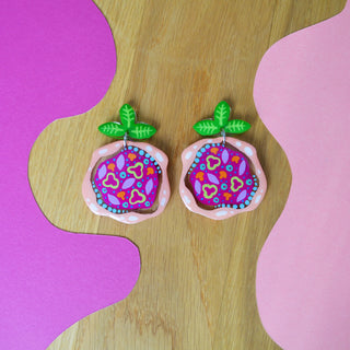 Laser Cut Acrylic Magenta Pizza Earrings with Peppers, Mushrooms and Onions