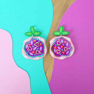 Laser Cut Acrylic Magenta Pizza Earrings with Peppers, Mushrooms and Onions