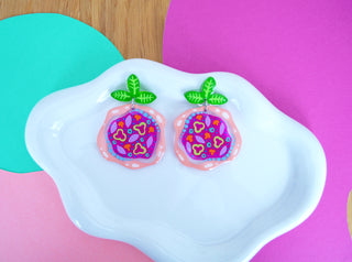 Laser Cut Acrylic Magenta Pizza Earrings with Peppers, Mushrooms and Onions