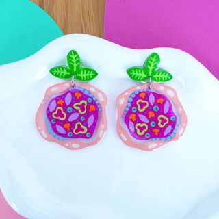 Laser Cut Acrylic Magenta Pizza Earrings with Peppers, Mushrooms and Onions