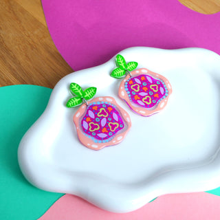 Laser Cut Acrylic Magenta Pizza Earrings with Peppers, Mushrooms and Onions